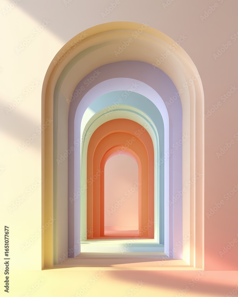 Fototapeta premium Pastel Archways; Sunlight; Empty Corridor; Interior Design