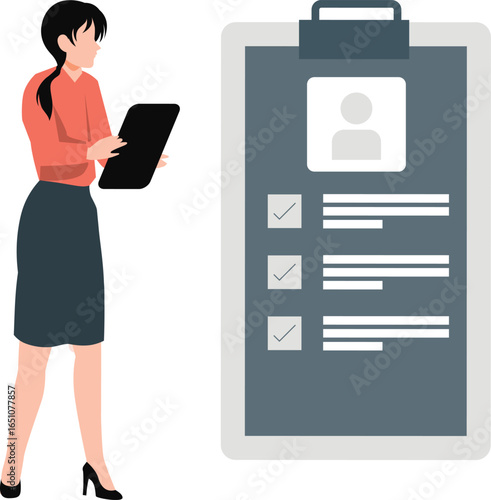 The girl is marking on the clipboard.