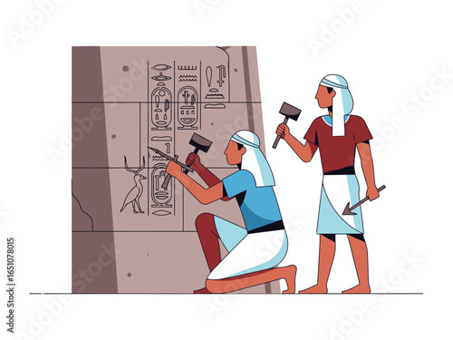 Egyptian Craftsmen at Work: Skilled artisans meticulously carve intricate hieroglyphs, capturing the essence of ancient Egyptian artistry and culture. 