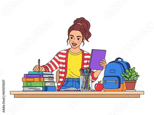 Education at Hand: An illustrated scene showcasing a young person engrossed in their studies, surrounded by books, a notebook, pens, and a backpack. A clear illustration of academic life and learning.