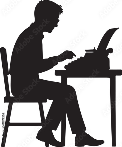 Silhouette of a person typing on a vintage typewriter at a desk