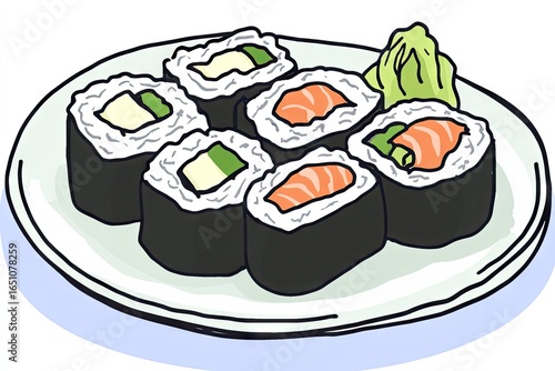 A plate of six maki sushi rolls; three with salmon and three with avocado and cream cheese.  A small pile of wasabi sits beside.  The style is simple, hand-drawn illustration