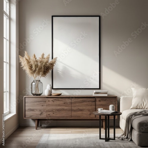 Vertical blank frame mockup. empty canvas poster size. Living room wall canvas mockups. Interior mock-up with home interior background. Modern minimal wall art design. 3D render	
