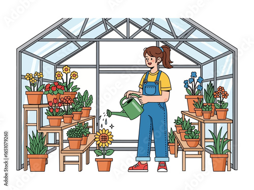 Nurturing Green Oasis: A vibrant illustration captures a gardener tending to a thriving array of plants within a bright, airy greenhouse, a sanctuary of growth and beauty.
