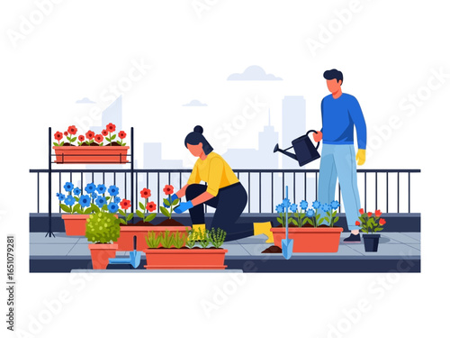 Urban Oasis: A vibrant balcony garden flourishes as two figures tend to their flourishing flora, nurturing a lively atmosphere of green against the cityscape.