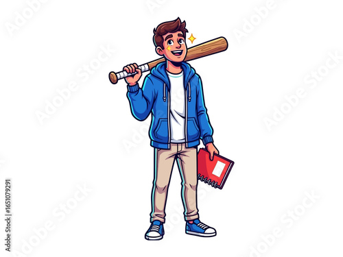 Young Baseball Enthusiast: A spirited young man, clutching a baseball bat and a notebook, radiates with anticipation, embodying the essence of youthful energy and the allure of the game.