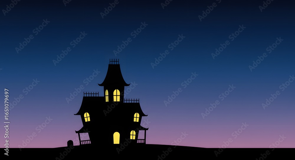 Obraz premium Spooky haunted house silhouette against a dark blue and purple gradient sky with glowing windows.