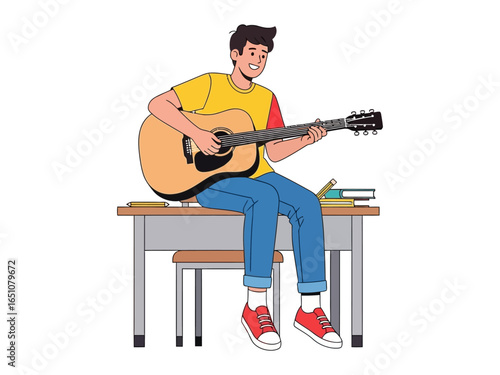 Serene Melody: A young, happy musician sits with guitar in hand, his fingers dancing across the strings as his mind wanders, expressing the depth of creativity and joy.