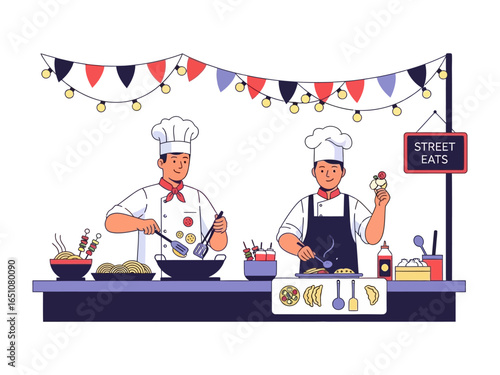 Culinary Creations at the Street Food Market: Two chefs craft delicious dishes at a vibrant street food market, offering a taste of culinary diversity and cultural richness. 