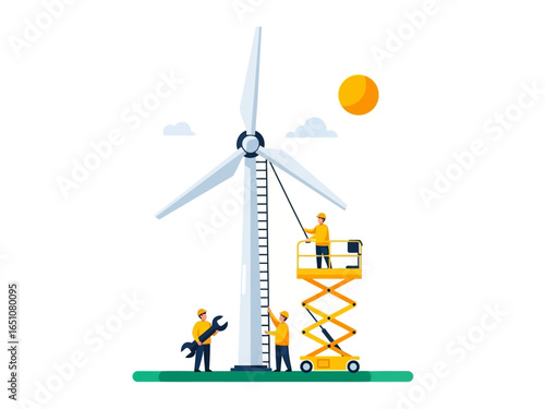 Wind Turbine Maintenance: A team of technicians meticulously inspects and maintains a towering wind turbine under a bright sun.