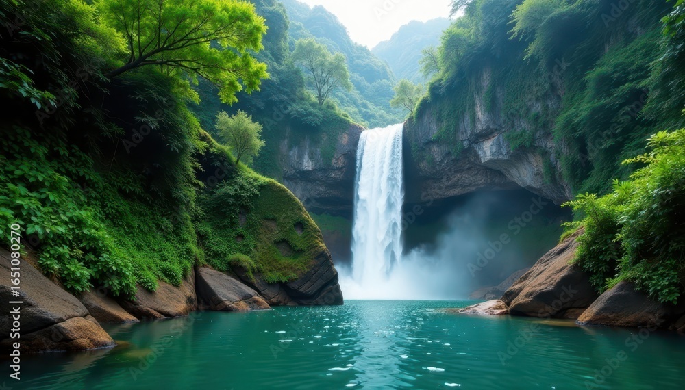 Fototapeta premium Majestic Mok Fah Waterfall cascading down lush green rocks , refreshing, cascade, water