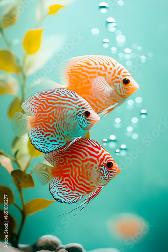 Three vibrant discus fish swimming gracefully in clear water with bubbles and green plants.