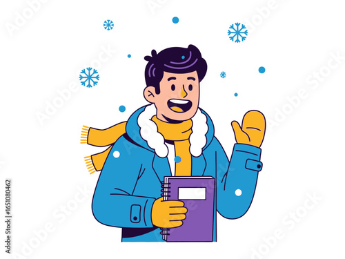 Winter Journal: A digitally illustrated image of a person warmly dressed in a blue coat and yellow scarf holding a journal, welcoming the serene winter snowfall. 