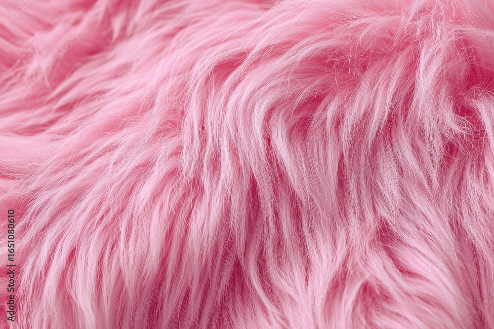 Fototapeta premium Pink fur background. Surface wool texture. Copy space for text. Textured pale furry coat closeup. Abstract pattern. Animal hair wallpaper. Shiny faux fluffy backdrop. Furry ground. Sheepskin rug