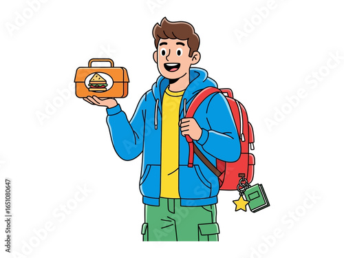 Lunchtime Delight: A cheerful young student stands ready for the school day with a lunchbox, conveying the anticipation of a satisfying meal and exciting activities.