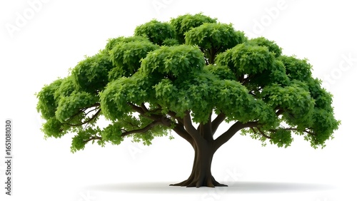 Lush Green Tree with a Broad Canopy on a White Background, 3D Render
