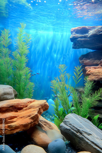 A serene underwater landscape showcasing vibrant plants and rocks under calm blue water.