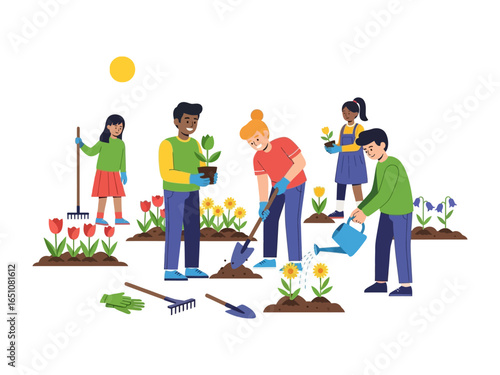 Community Garden: A vibrant illustration of a diverse group of people working together in a community garden, nurturing plants and fostering a sense of connection and well-being.