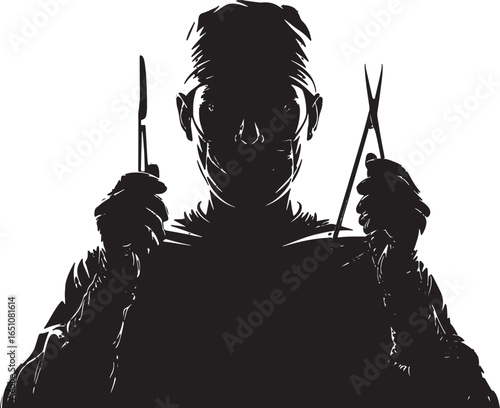 Silhouette of a Surgeon Holding Surgical Instruments on Transparent Background Vector