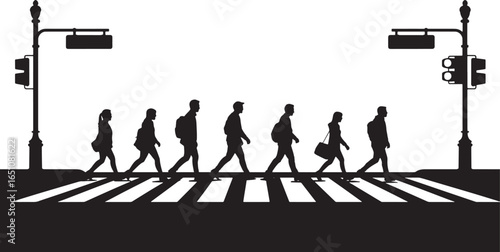 Silhouette of People Crossing Street on Zebra Crossing with Traffic Lights Illustration
