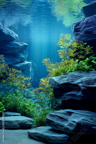 A serene underwater scene showcasing vibrant plants and rocky formations beneath the calm blue water.