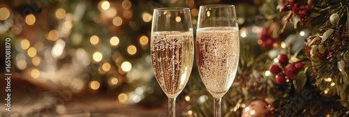 Celebratory glasses of sparkling drink amidst festive holiday decorations in a warm setting
