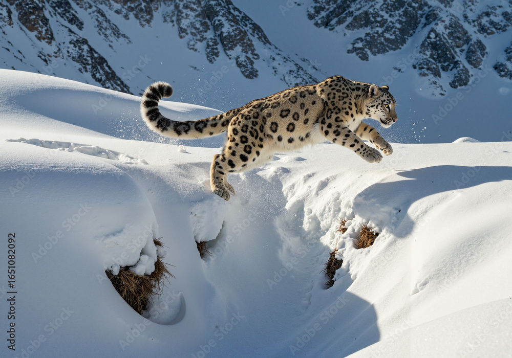 Obraz premium Snow leopard jumping over snowy mountain landscape in winter