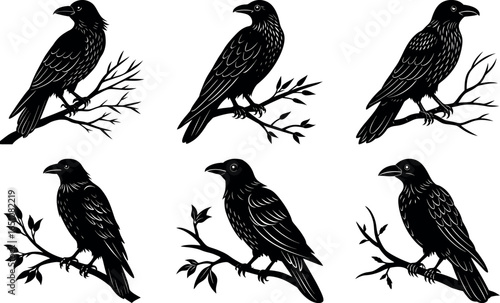 Six Black Ravens Perched on Branches Vector Illustration for Halloween and Gothic Themes