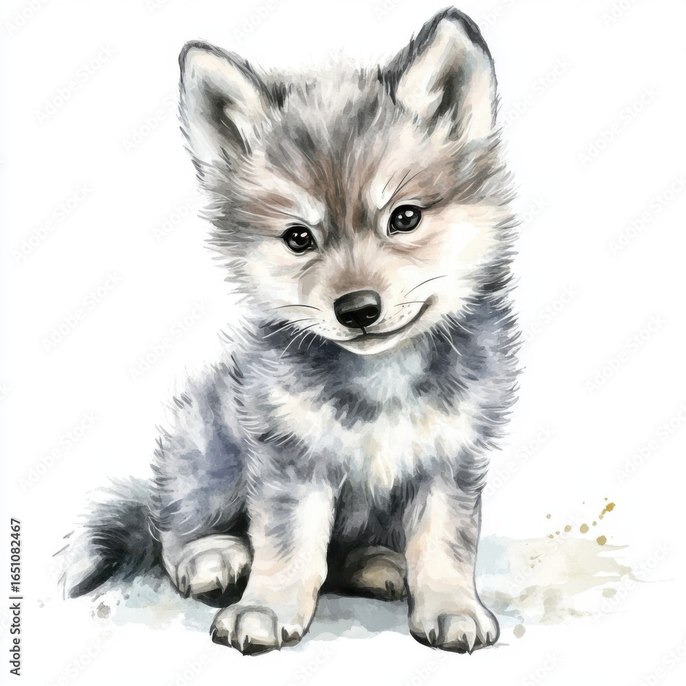 Obraz premium Adorable Gray Wolf Cub Sitting Upright with a Watercolor Texture