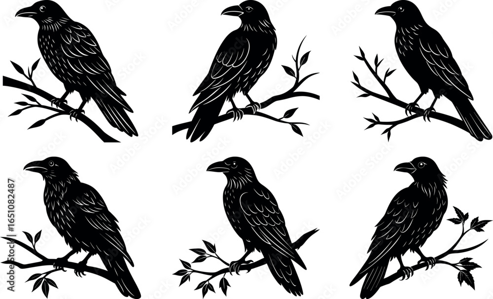Obraz premium Six Ravens Perched on Branches Black and White Vector Illustration