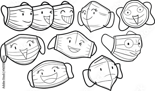 Cute and funny rounded face masks in many expressions in black and white outline.