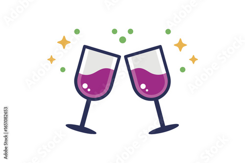 Clinking wine glasses illustration with small sparkling light shining accents