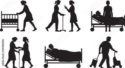 Medical Staff Silhouettes Pushing Gurney Assisting Patient Black Icons Isolated Transparent