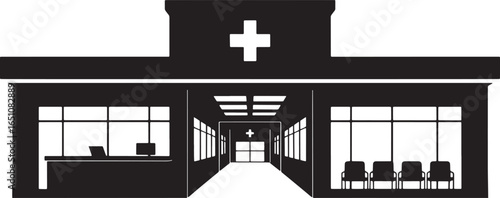 Modern Hospital Building Silhouette with Reception, Waiting Area, and Medical Cross Symbol