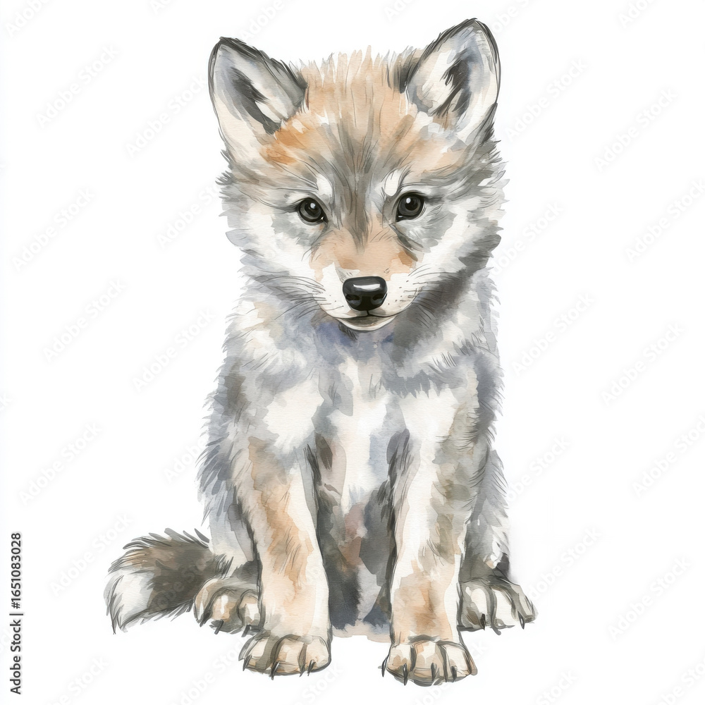 Fototapeta premium Watercolor Illustration of a Seated Wolf Cub with Detailed Fur