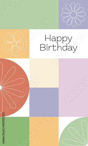 Happy Birthday - Schriftzug in englischer Sprache - Alles Gute zum Geburtstag. Moderne Vektorgrafik mit geometrischen Formen und Blumen in Pastellfarben.