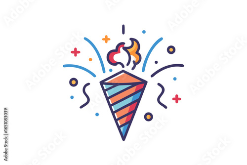 Flying party popper with confetti burst and ribbon celebration