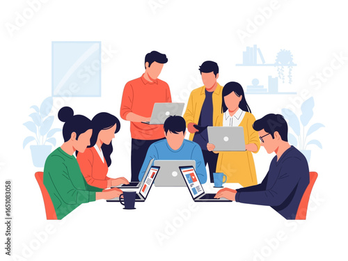 Digital Teamwork: A vibrant illustration depicts a dynamic team, united around a table, deeply immersed in their work, collaborating seamlessly with technology.