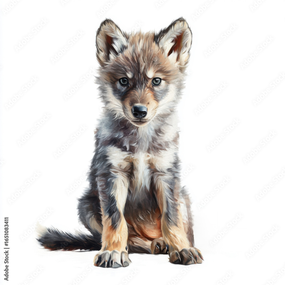 Fototapeta premium Adorable Canine Cub Sitting on a Blank Background Looking at Camera