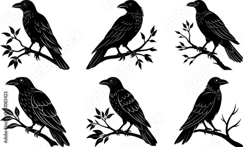 Collection of Black Raven Illustrations Perched on Branches for Halloween Design