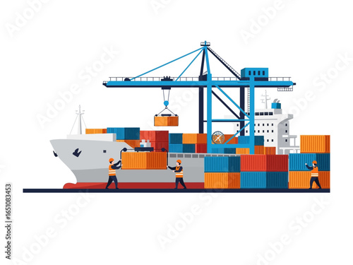 Shipping Logistics: A meticulously illustrated container ship, laden with vibrant shipping containers, docks alongside a towering crane at a bustling port, symbolizing global trade.