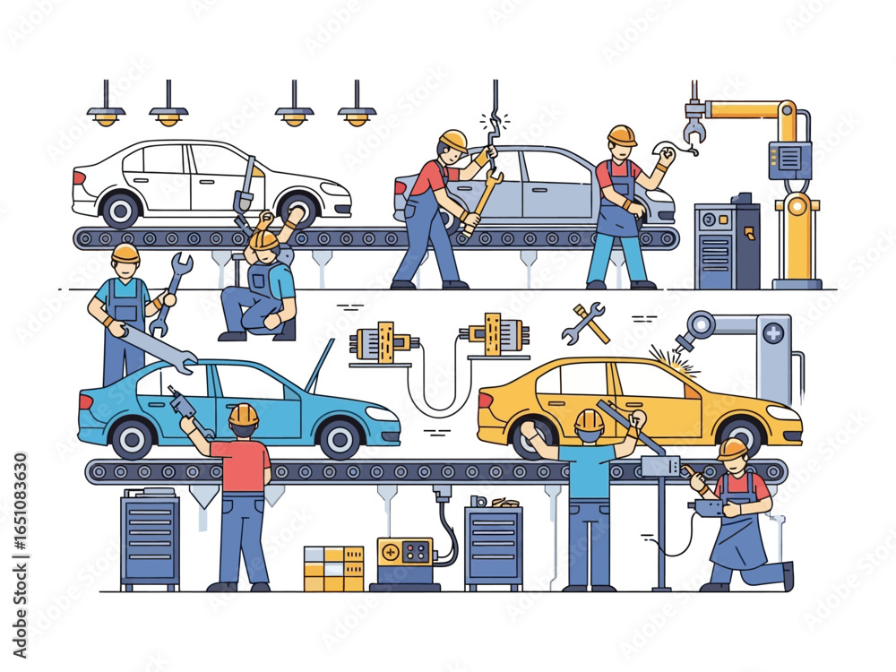 Fototapeta premium Automobile Assembly Line in Action: Illustrated scene of an active car assembly line, with workers meticulously building vehicles, capturing industry, teamwork, and technology
