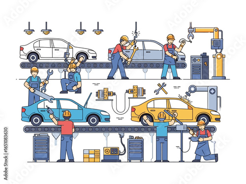 Automobile Assembly Line in Action: Illustrated scene of an active car assembly line, with workers meticulously building vehicles, capturing industry, teamwork, and technology