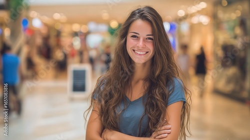 Wallpaper Mural Cheerful Young Woman Smiling in a Shopping Mall Setting Torontodigital.ca