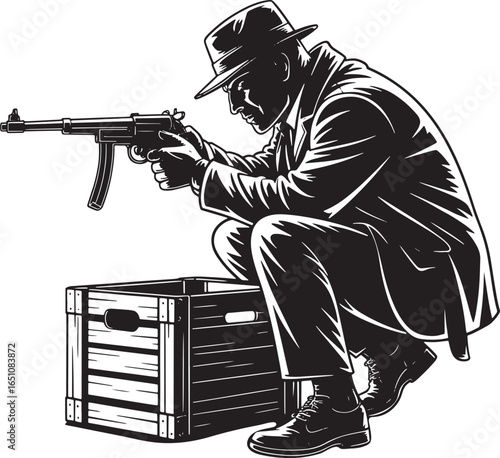 Silhouette of a Gangster with a Submachine Gun Crouching Behind a Crate Illustration