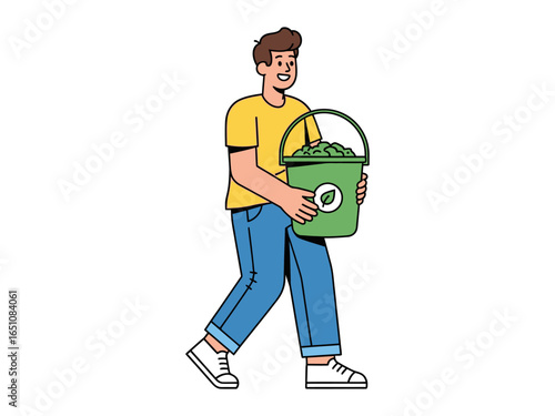 Eco-conscious actions: A person is seen carrying a bucket filled with recycled or composted waste, emphasizing sustainable lifestyle choices, environmental responsibility and a greener future.