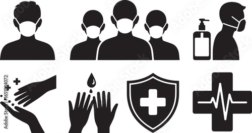 Health Safety Measures Silhouette Set Mask Hand Sanitizer Shield Cross Vector Illustration