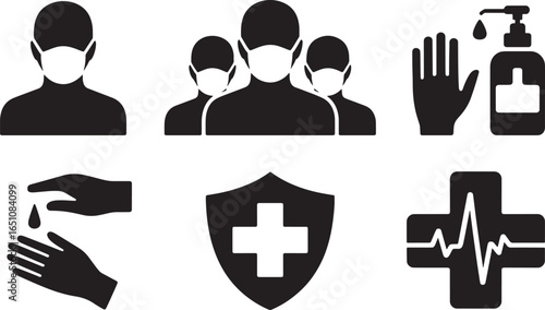 Health Safety Measures Silhouette Set Mask Hand Sanitizer Shield Cross Vector Illustration