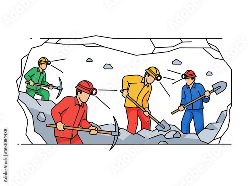 Mining Team Hard at Work: A team of dedicated miners, their silhouettes highlighted against the cavern wall, excavates deep within the earth, symbolizing determination and the essence of industry.