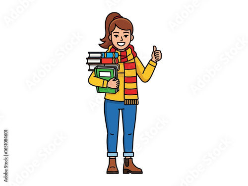 Young student with Books and Thumbs Up: A cheerful student, embraces the pursuit of knowledge, cheerfully holds a stack of books while flashing a thumbs-up sign.